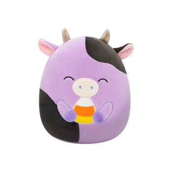 Squishmallows Alexie the Purple Cow with Closed Eyes Holding Candy Corn, 20 cm