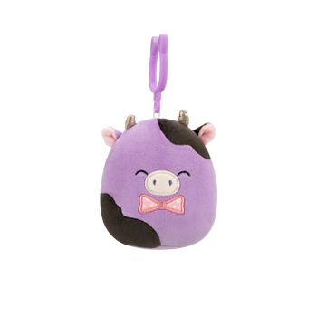 Squishmallows Clip-On Alexie the Purple and Black Cow with Bowtie, 9 cm