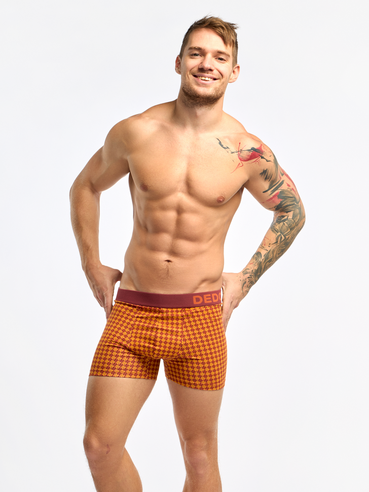 Burgundy & Yellow Men's Patterned Trunks