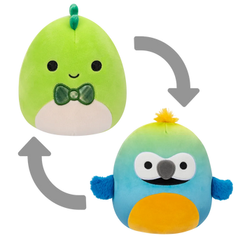 Squishmallows Flip-A-Mallows Danny the Green Dino/Baptise the Blue and Yellow Macaw, 13 cm
